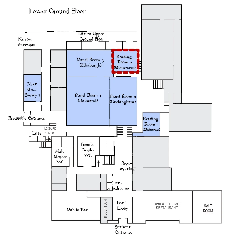 Map for Gloucester, reading room 2, lower ground floor at the Brighton Metropole Hotel.