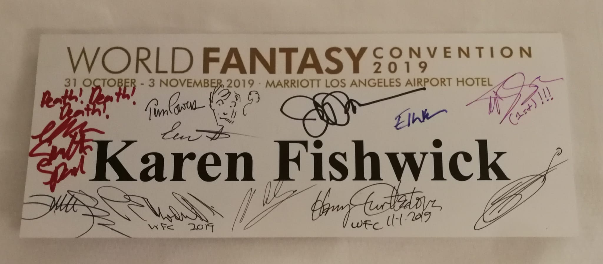 WFC 2019 Nameplate for Karen Fishwick signed by many people.